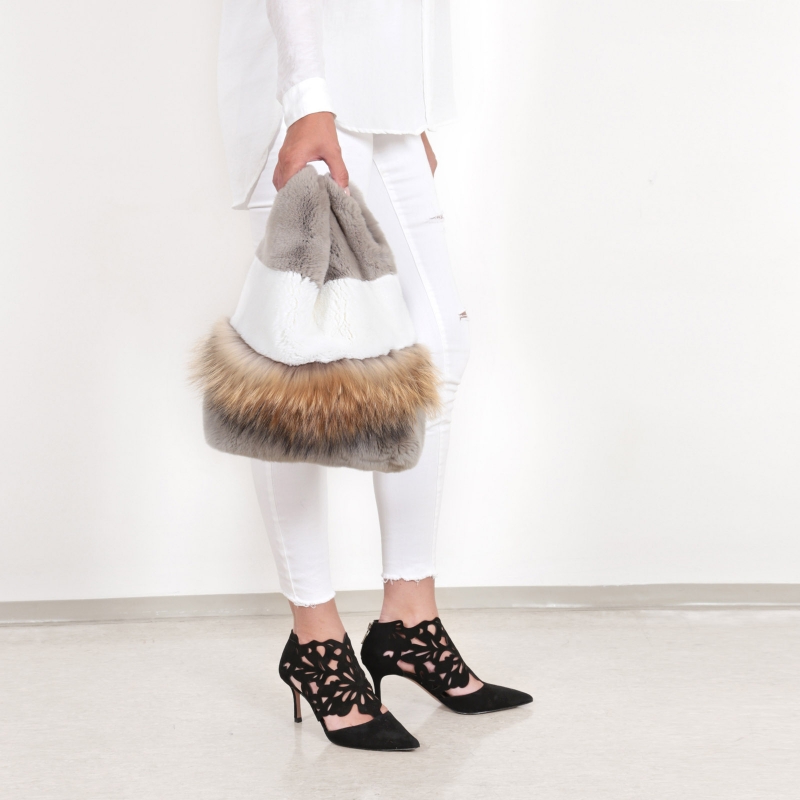 EYES ON MISHA rex rabbit and raccoon fur bag Lapinette Raccoon sand