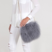 EYES ON MISHA Mongolian lamb fur bag Boho medium grey